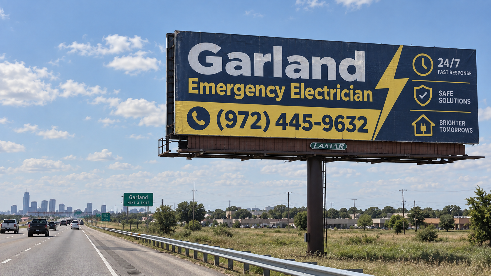 Garland Emergency Electrician billboard along a Garland, Texas roadway